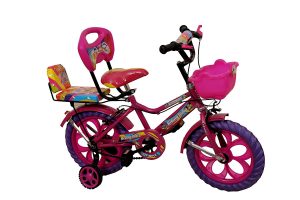 Rising India 14" Pink Kids Bicycle For 3-5 Years Double Seated With Basket And Side Wheel