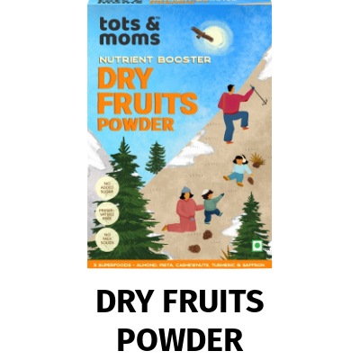 Tots and Moms Dry Fruit Powder is a mixture of different organic dry fruits; Almonds, Pistachios, Cashewnuts and Nutmeg in different proportions that can be sprinkled or added additionally into any porridge, gruel, cake, pancake that children consume.
